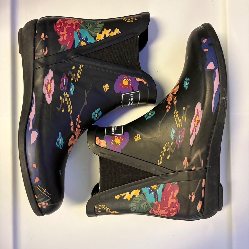 London Fog Womens Floral Chelsea Rain Boots Black Multi Color Size 8 Ankle Boot